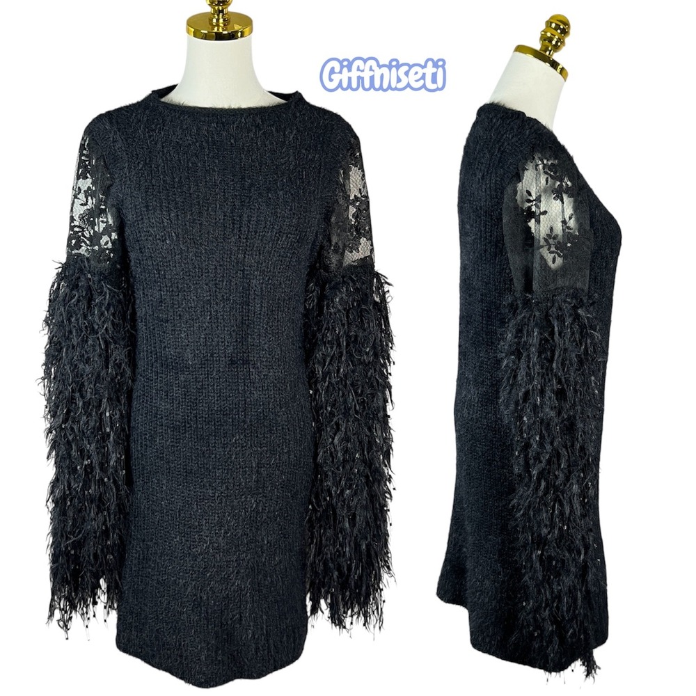 Giffniseti Black Fuzzy Knit Mini Dress Lace Shaggy Fringe Sleeves Mens ML
